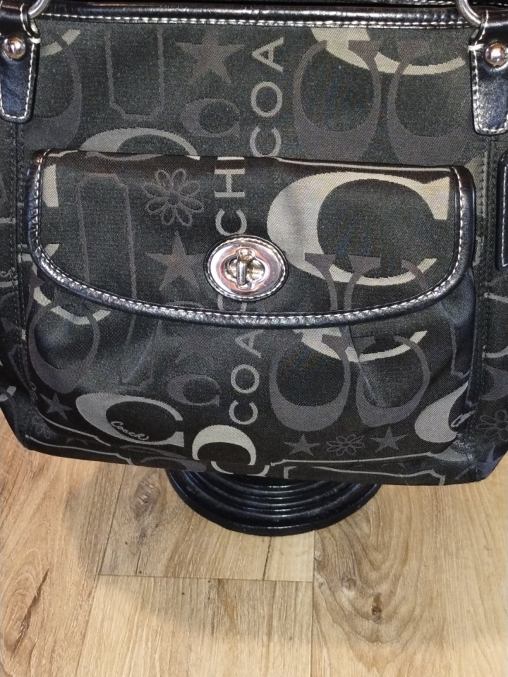 VTG Leah Coach Black Signature Logo Shoulder Bag with Turnlock, PLUSH NOT INCLUD - Picture 10 of 14